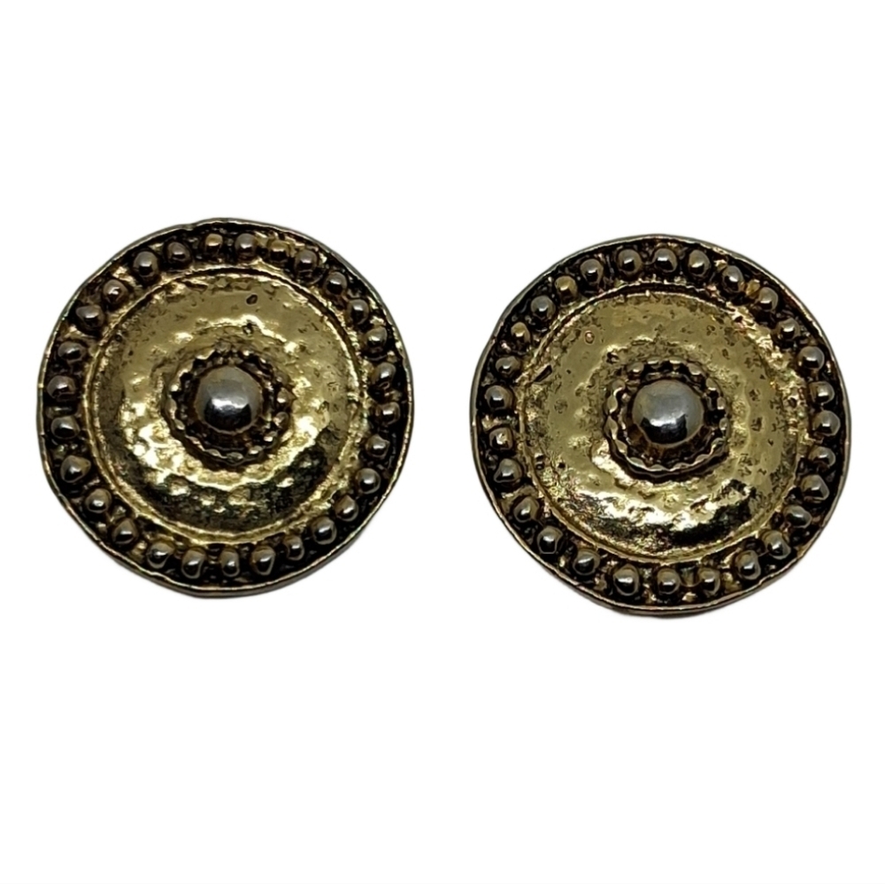 Vintage Gold Tone Hammered Medallion Clip-On Earrings